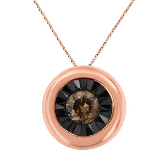 Black Rhodium over 10K Rose Gold 1/10 Carat Diamond Two Tone Round Miracle-Plate Solitaire 18” Pendant Necklace (Champagne Color, I2-I3 Clarity)